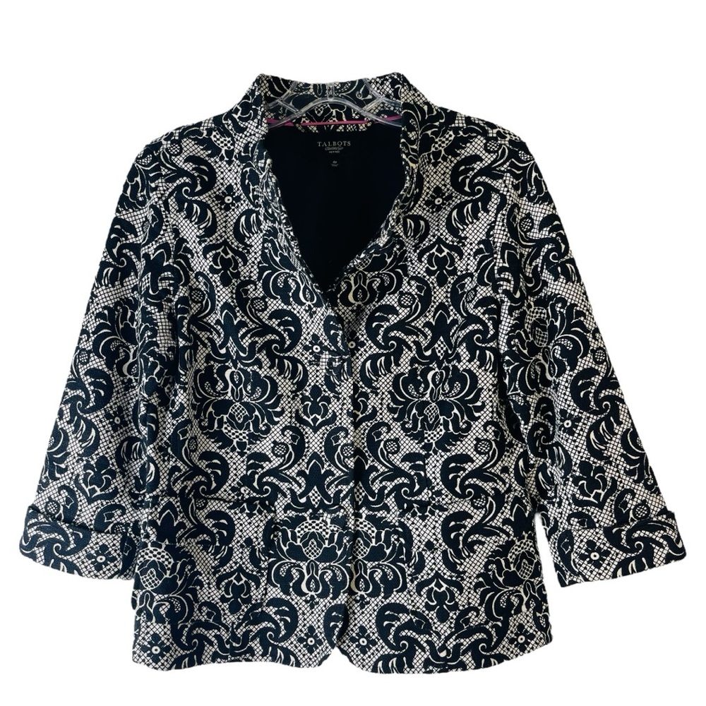 Talbots black white floral lace preppy office button blazer 4P